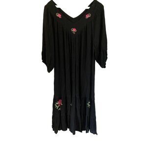 Drapers & Damons PM Black Embroidered Rayon V-Neck Midi Dress With Red Rose Acce
